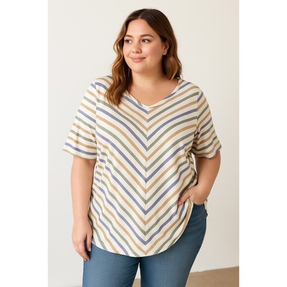 2/$30 Catherines Suprema Women’s 5X White Multicolor Striped V‑Neck Tee Plus - Picture 1 of 11